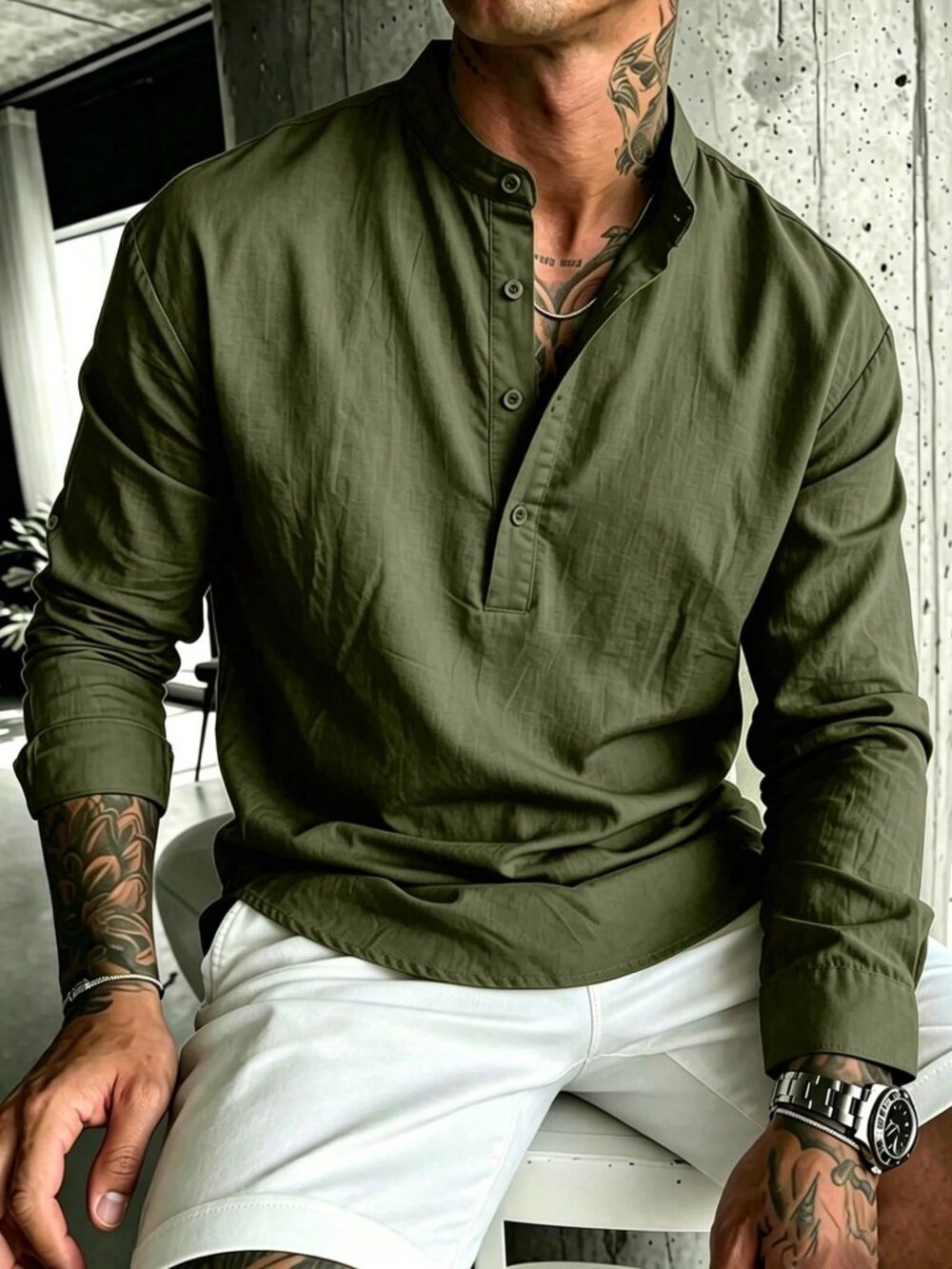 Army Green Casual Loose 100% Cotton Men's henley Neckline Long-Sleeve Shirt